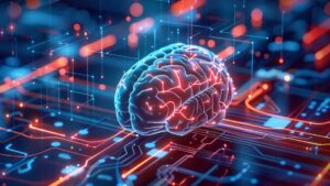 A glowing digital brain hovering over a futuristic quantum circuit board, symbolizing the integration of artificial intelligence and quantum computing technologies.